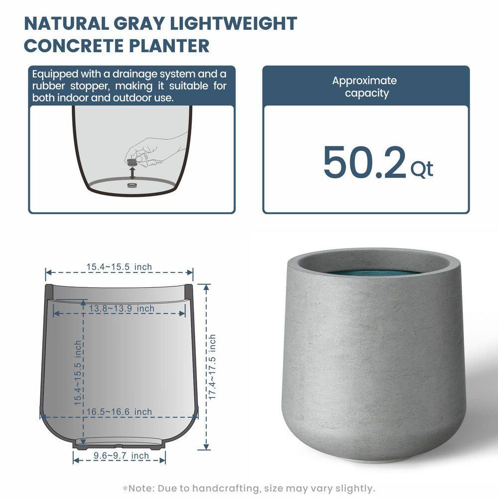 17 in. Large Natural Gray (Premium Inner) Concrete Round Planter/Pot with Drainage Holes - Hercitys