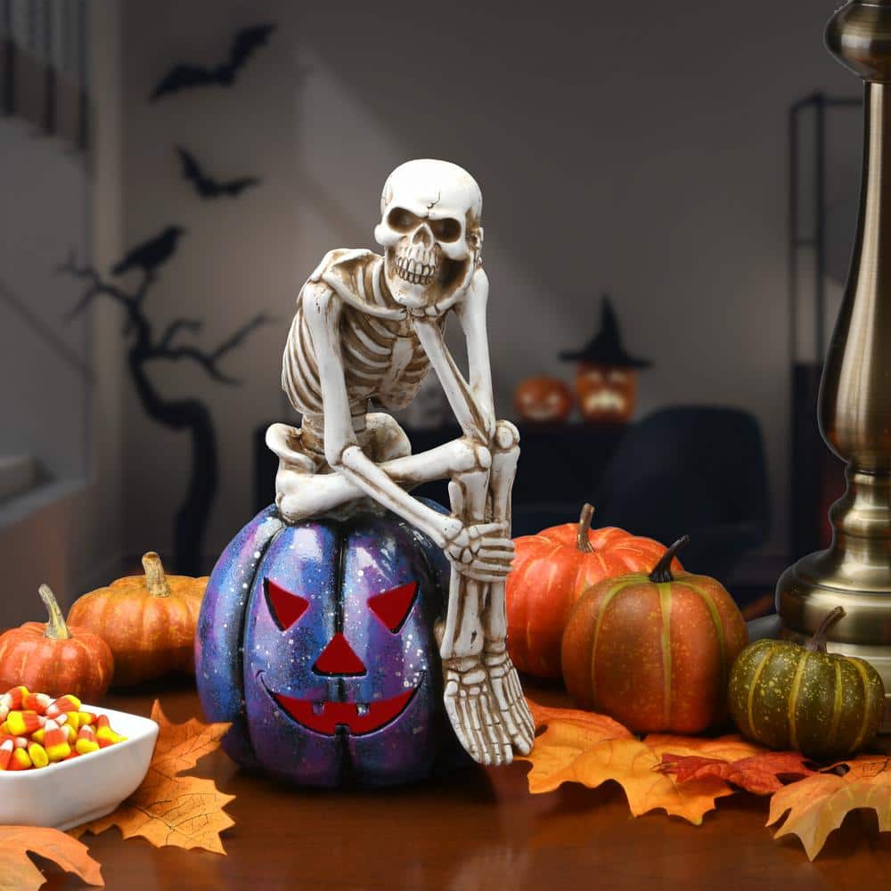 11 in. LED Lit Skeleton on Purple Galaxy Pumpkin, Battery Operated - Hercitys