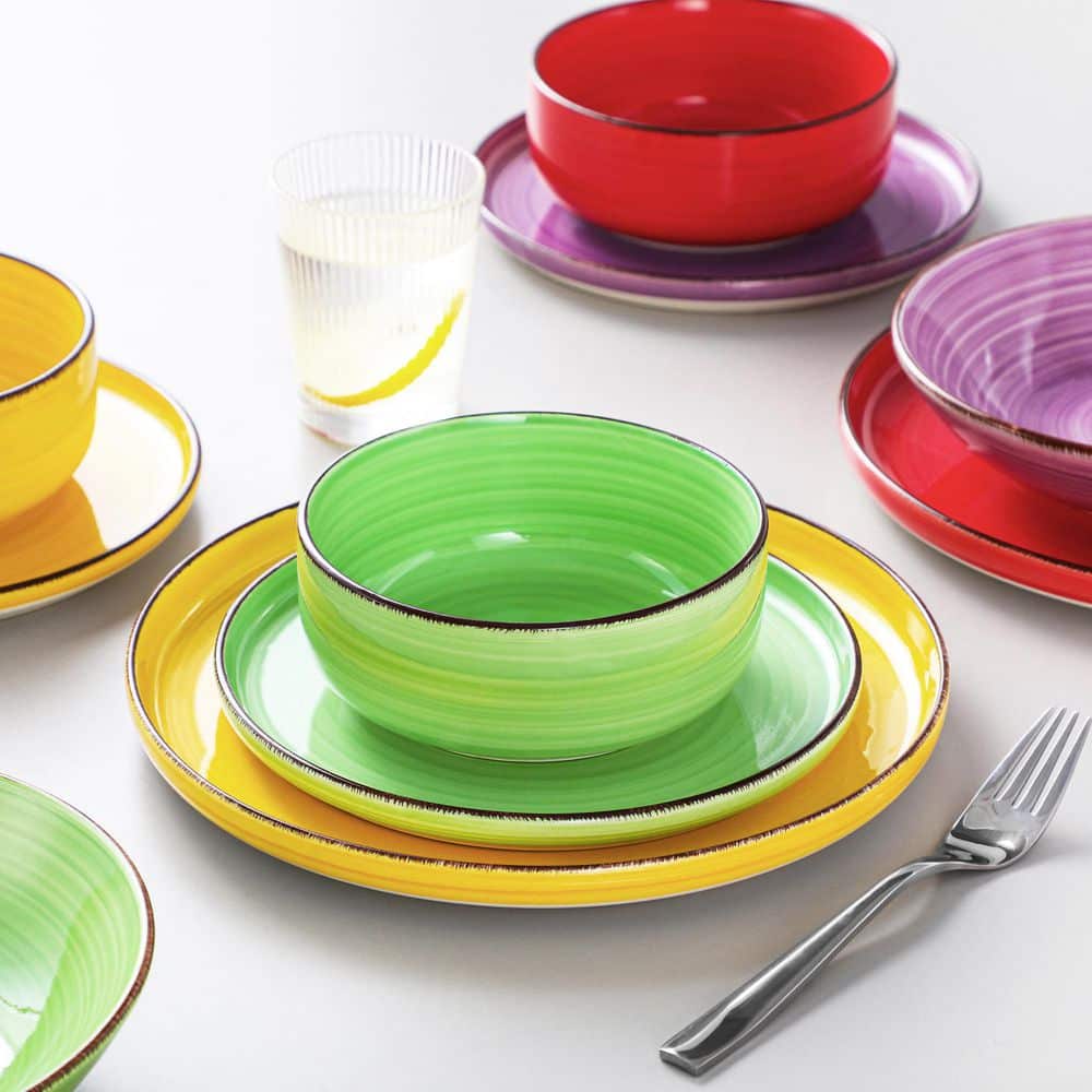 16-Piece Red Yellow Green Purple Stoneware Dinnerware Set Handpainted Dinner Set Service for 4, Bowls and Plates Set - Hercitys