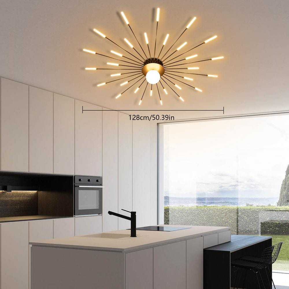 50.39 in. 30-Light Gold Modern Firework LED Semi-Flush Mount Ceiling Light for Living Room Bedroom - Hercitys