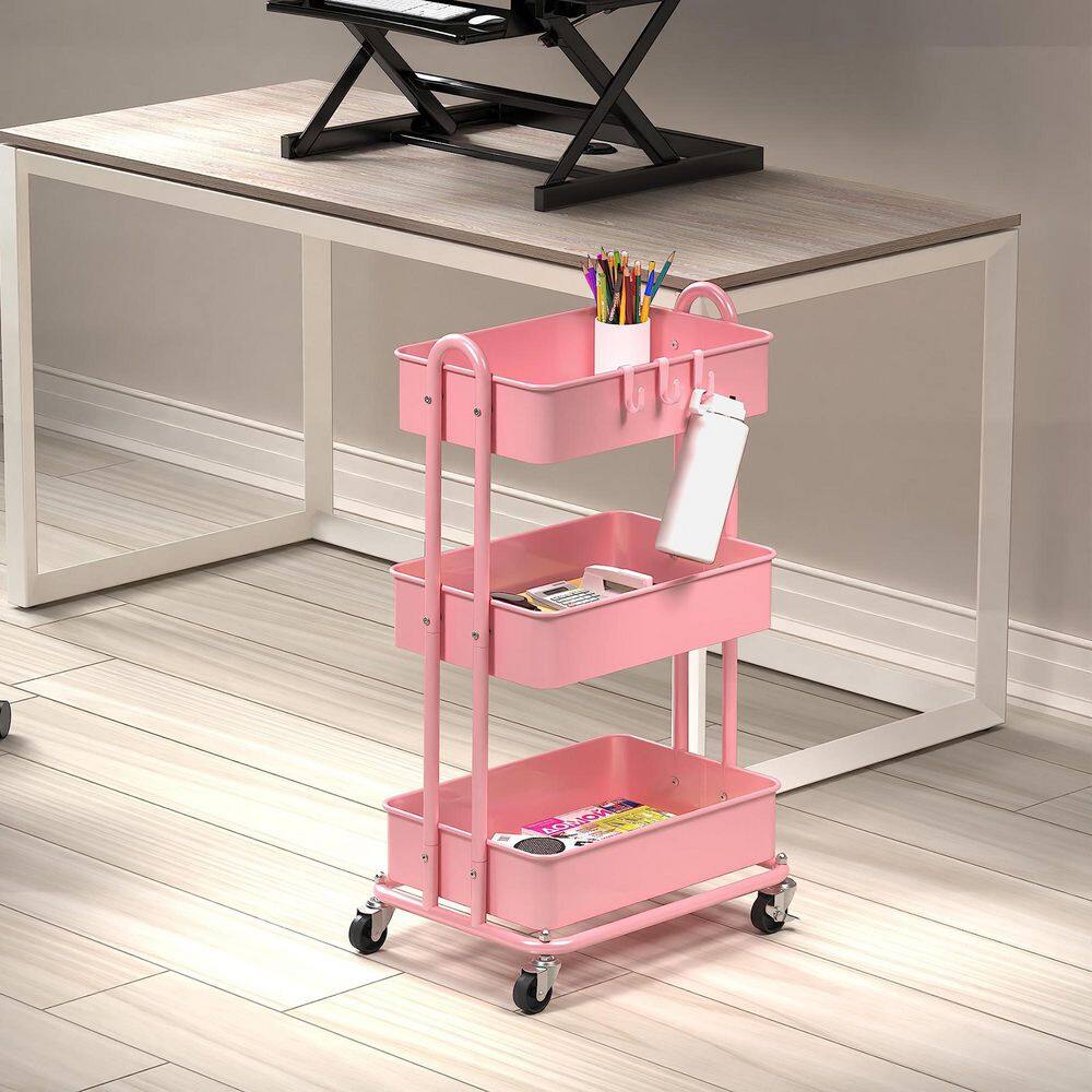 3-Tier Metal -Wheeled Utility Cart in Pink - Hercitys