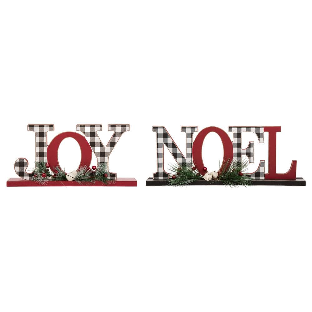 5.91 in. H Christmas Wooden Plaid JOY and Noel Tabletop Decor (Set of 2) - Hercitys