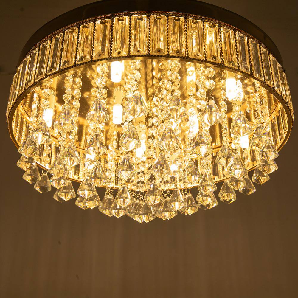 19.68 in. 9-Light Gold Modern Round Flush Mount Ceiling Light with Clear Crystal Shade and No Bulbs Included - Hercitys