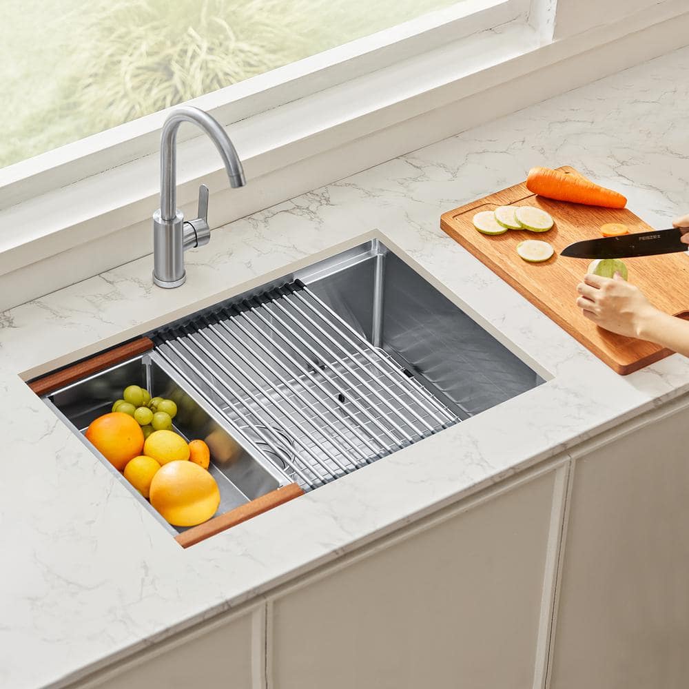 23 in. x 19 in. Drop-In Bathroom Sink Square Stainless Steel Semi-recessed Sink with Single Faucet Hole - Hercitys