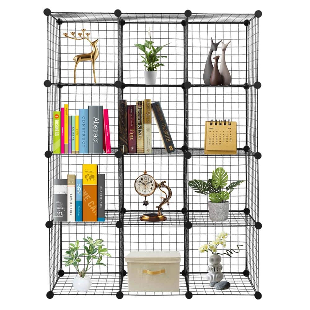 4 Tiers Metal Cube Grid Wire Cube Household Shelving Unit in Black (42.13 in. W x 55.12 in. H x 14.57 in. D) - Hercitys