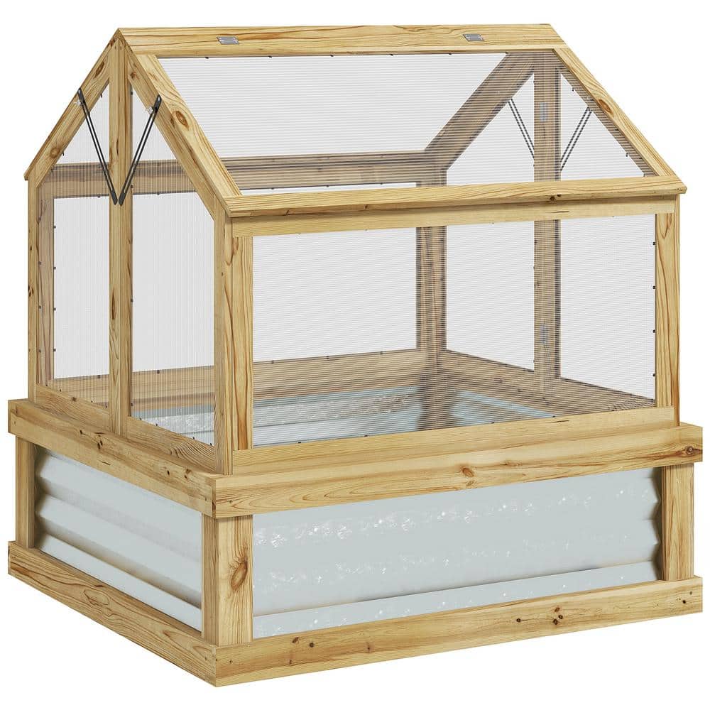 35.5 in. x 31.5 in. x 36 in. Fir Wood, Polycarbonate Natural Wood Cold Frame GREENHOUSE - Hercitys