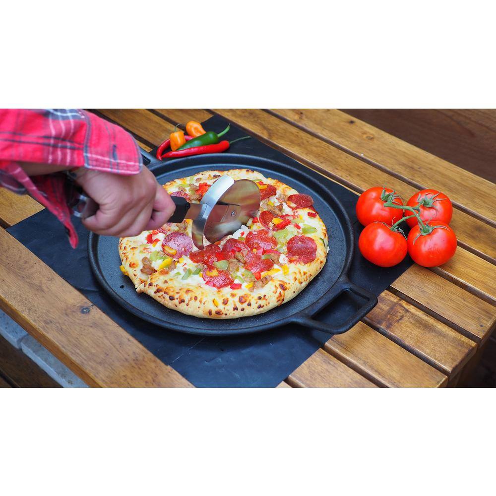 4-Piece Cast Iron Pizza Stone/Round Griddle/Skillet with Handles, Pizza Cutter, Heat Resistant Gloves - Hercitys