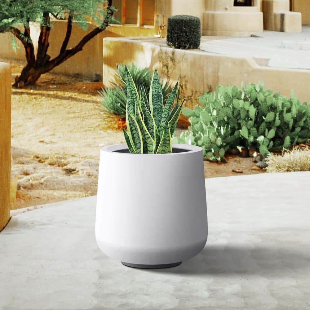 17 in. H Round Solid White Concrete Planter, Outdoor Modern Planter Pot, Flower Pot with Drainage Hole for Garden - Hercitys