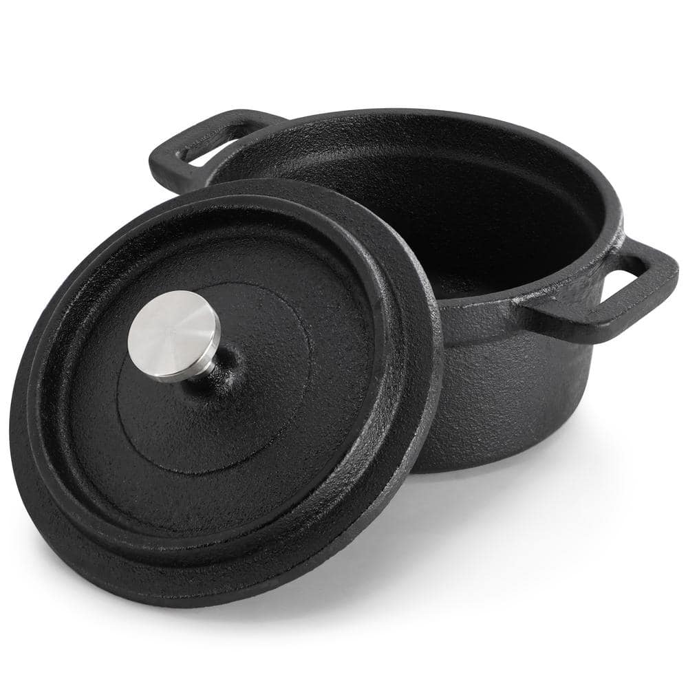 4 Piece Cast Iron 0.25 qt. 8 Ounce Mini Dutch Oven with Wood Tray - Hercitys