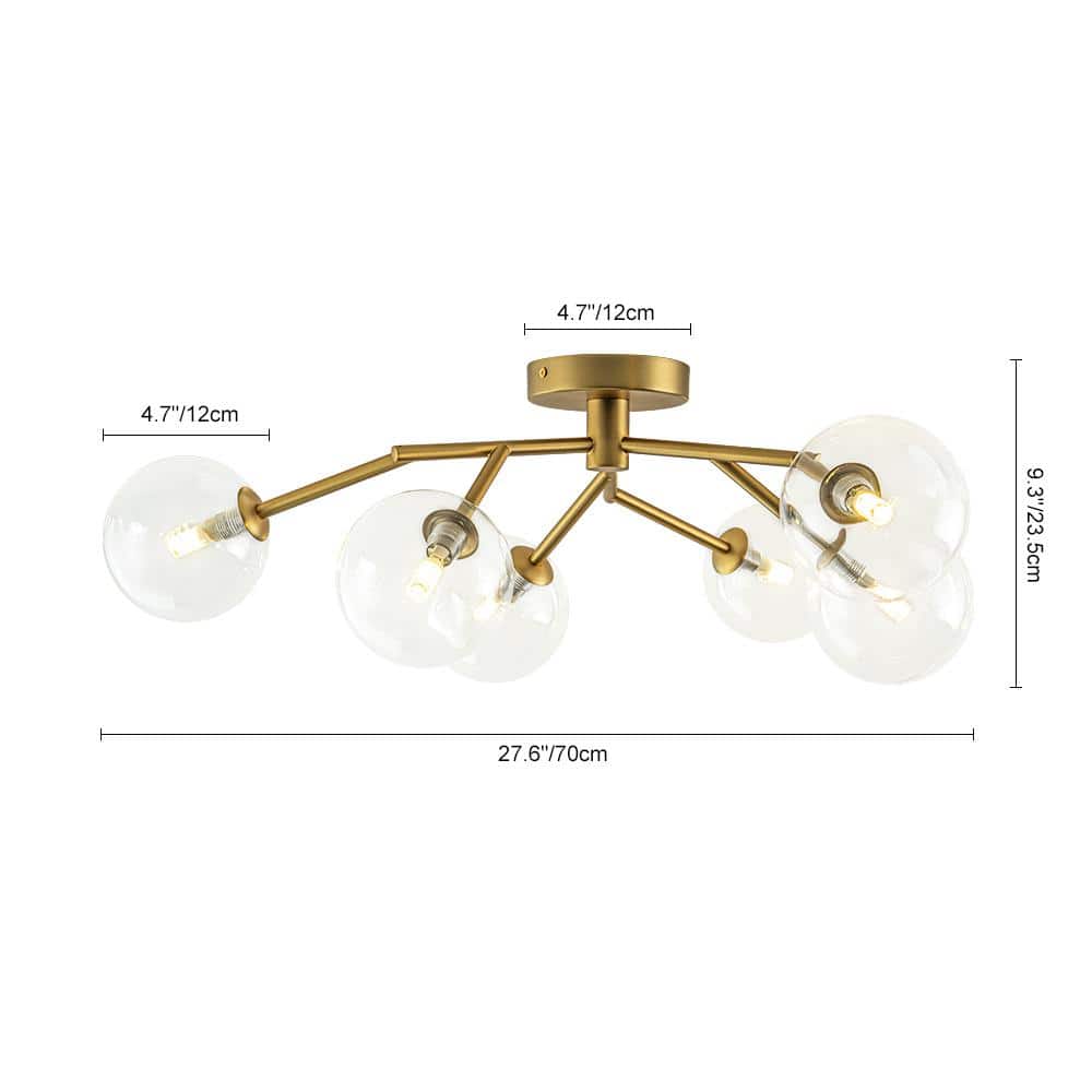 28.74 in. 6-Light Brushed Gold Mid-Century Modern Branch Bubble Globe Semi-Flush Mount Chandelier with Clear Glass Shade - Hercitys