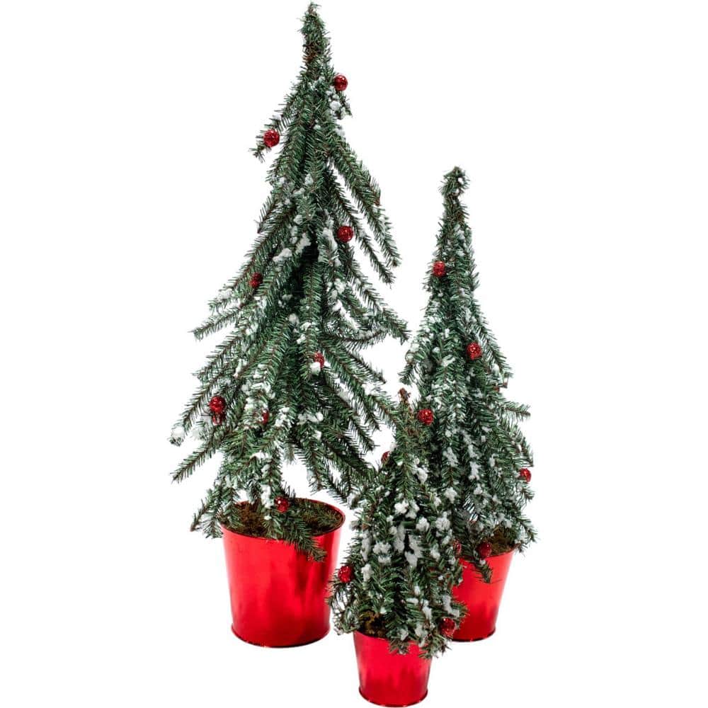 12,18,24 in., Christmas Unlit Flocked Alpine Tabletop Centerpiece Trees in Metal Pot, (Set of 3) - Hercitys