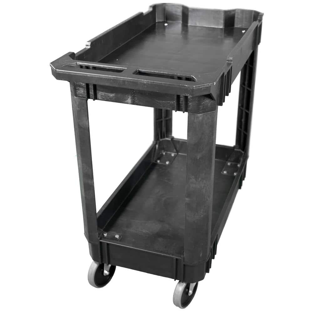 2-Tier Plastic 4-Wheeled Service Cart in Black with 500 lbs. Capacity - Hercitys
