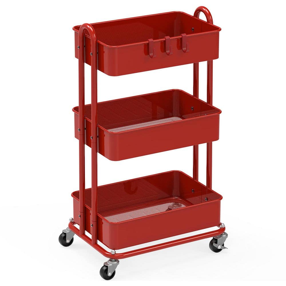 3-Tier Metal -Wheeled Utility Cart in Red - Hercitys