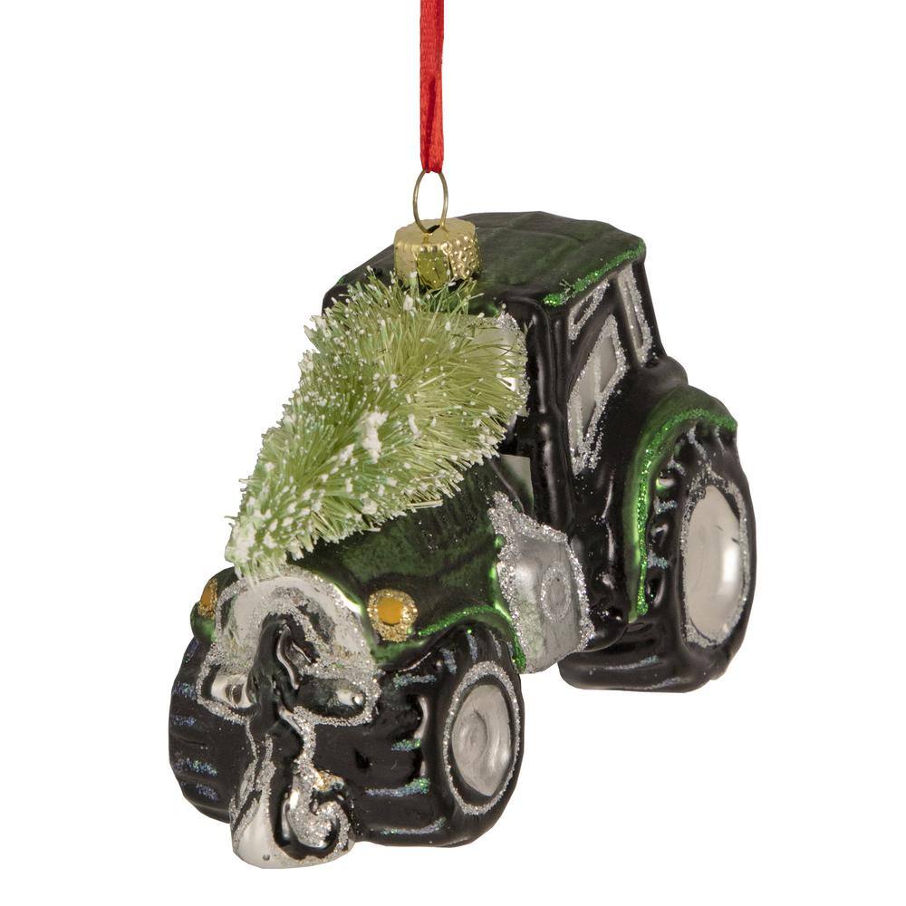 4 in. Green Tractor with a Christmas Tree On Top Glass Ornament - Hercitys