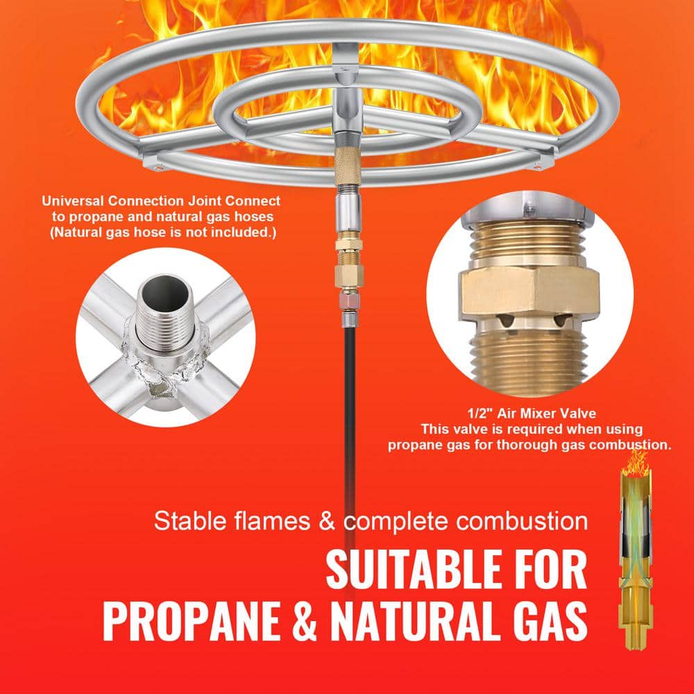 18 in. Round Drop-in Fire Pit Pan, Stainless Steel Fire Pit Burner Kit, Natural and Propane Gas Fire Pan with 150000 BTU - Hercitys