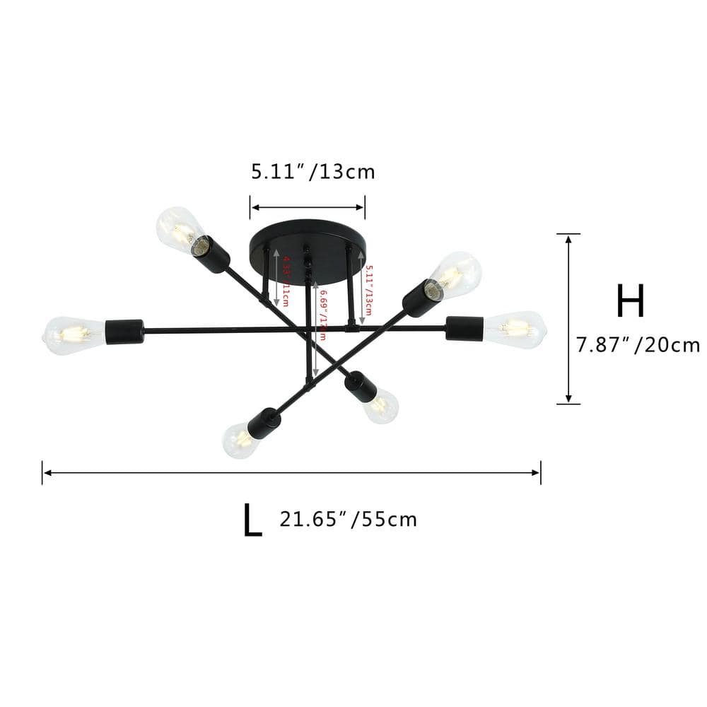 21.6 in. 6-Light Black Sputnik Modern Linear Semi Flush Mount - Hercitys