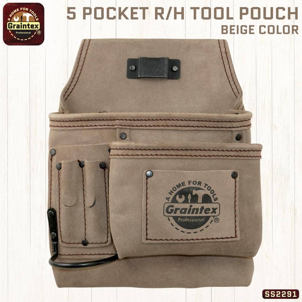 5-Pocket Suede Leather Right Handed Nail and Tool Pouch - Hercitys