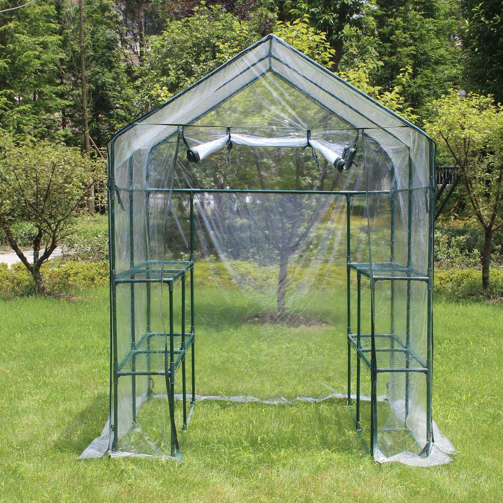 56 in. L x 56 in. W x 76 in. H Mini Walk-in Metal Greenhouse 2-Tier 8-Shelves Transparent - Hercitys