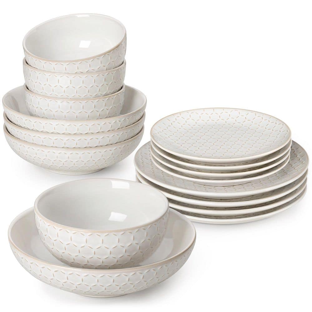 16-Piece White Stoneware Dinnerware Set Service for 4-Embossed Honeycomb Shape Pattern Tableware with Plates and Bowls - Hercitys