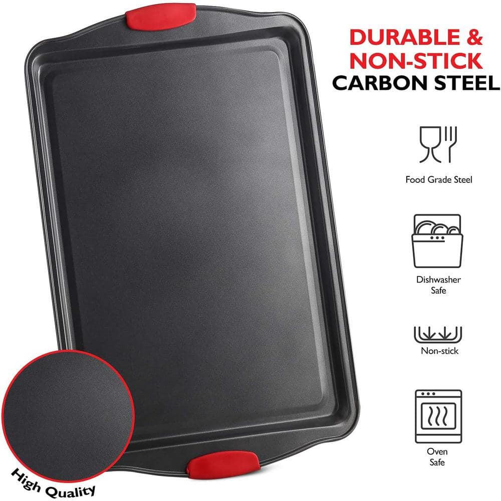 39-Piece Nonstick Black Steel Bakeware Set with Red Utensil and Silicone Handles - Hercitys