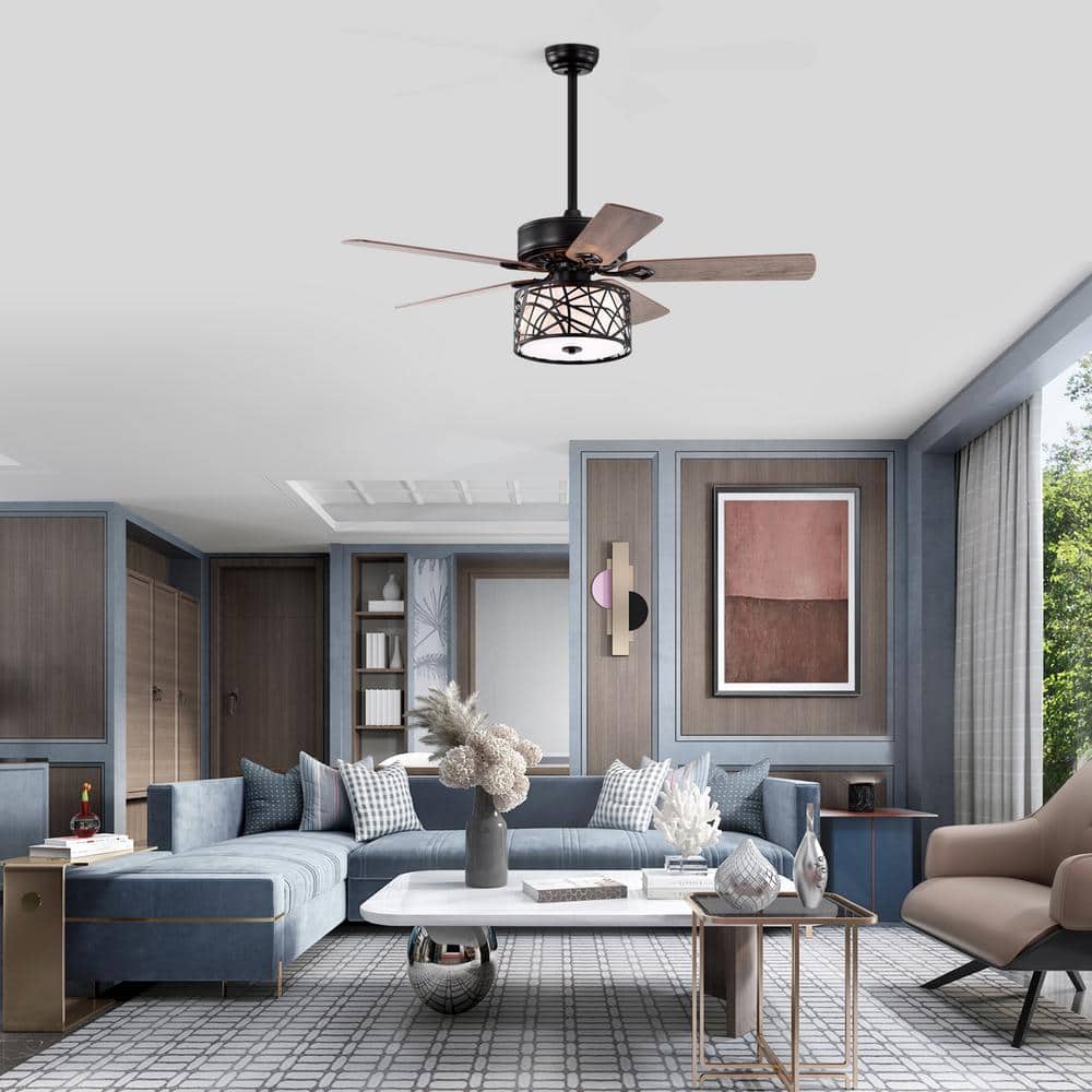 52 in. Farmhouse Indoor/Outdoor Matte Black 3-Speeds Low Profile Ceiling Fan with Light and Remote Control - Hercitys