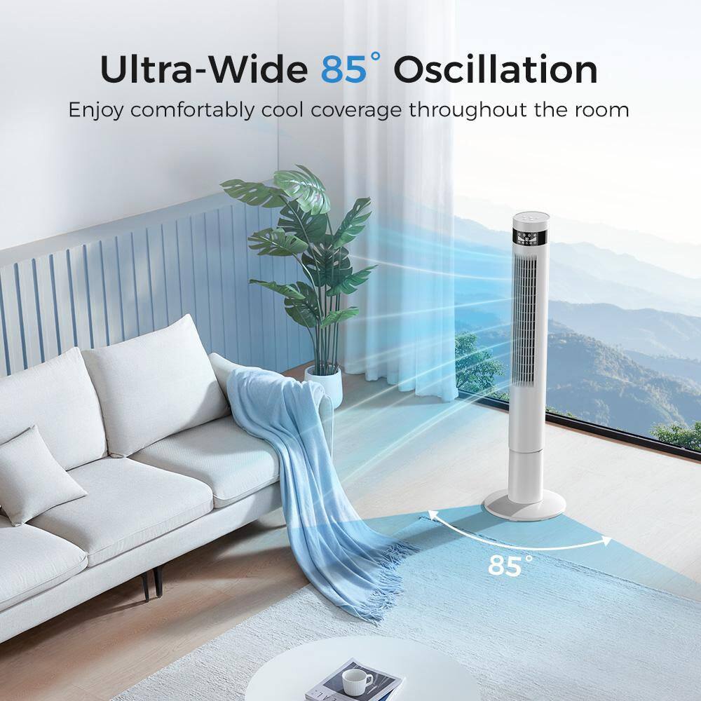 43.31 in. 3-Speeds 90° Oscillating Tower Fan with LED Display and Remote Control in White - Hercitys