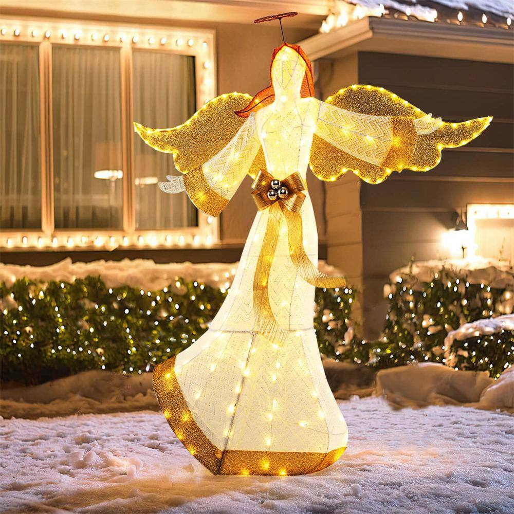 5.2 ft. White Fabric Christmas Lighted Angel with Halo & Bow Zip Ties and Ground Stakes 180 LED Lights - Hercitys