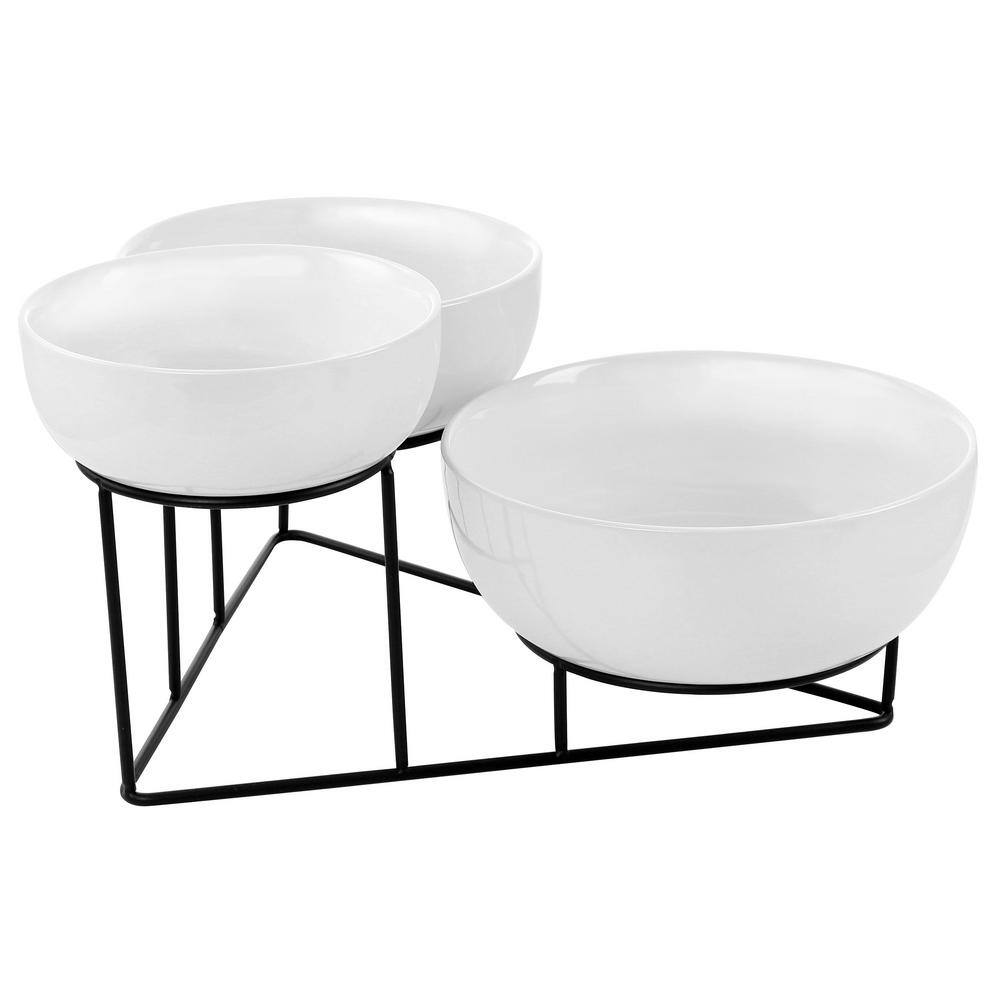 4-Piece White Bowl Set with Metal Rack - Hercitys