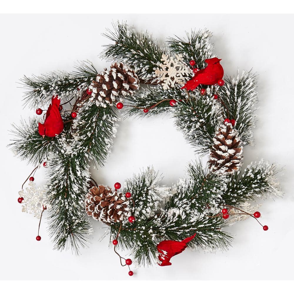 22 in. Artificial Snowy Pine Wreath with Cardinals and Snowflakes on Natural Twig Base - Hercitys