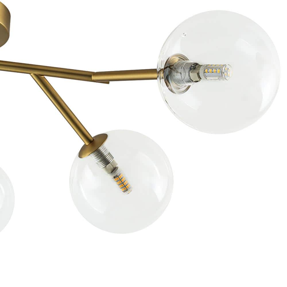 28.74 in. 6-Light Brushed Gold Mid-Century Modern Branch Bubble Globe Semi-Flush Mount Chandelier with Clear Glass Shade - Hercitys