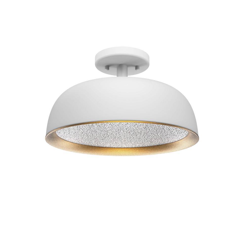 13 in. White Adjustable CCT Integrated LED Ceiling Semi Flush Mount Fixture w/ Gold Interior Ring and Etched Glass Shade - Hercitys