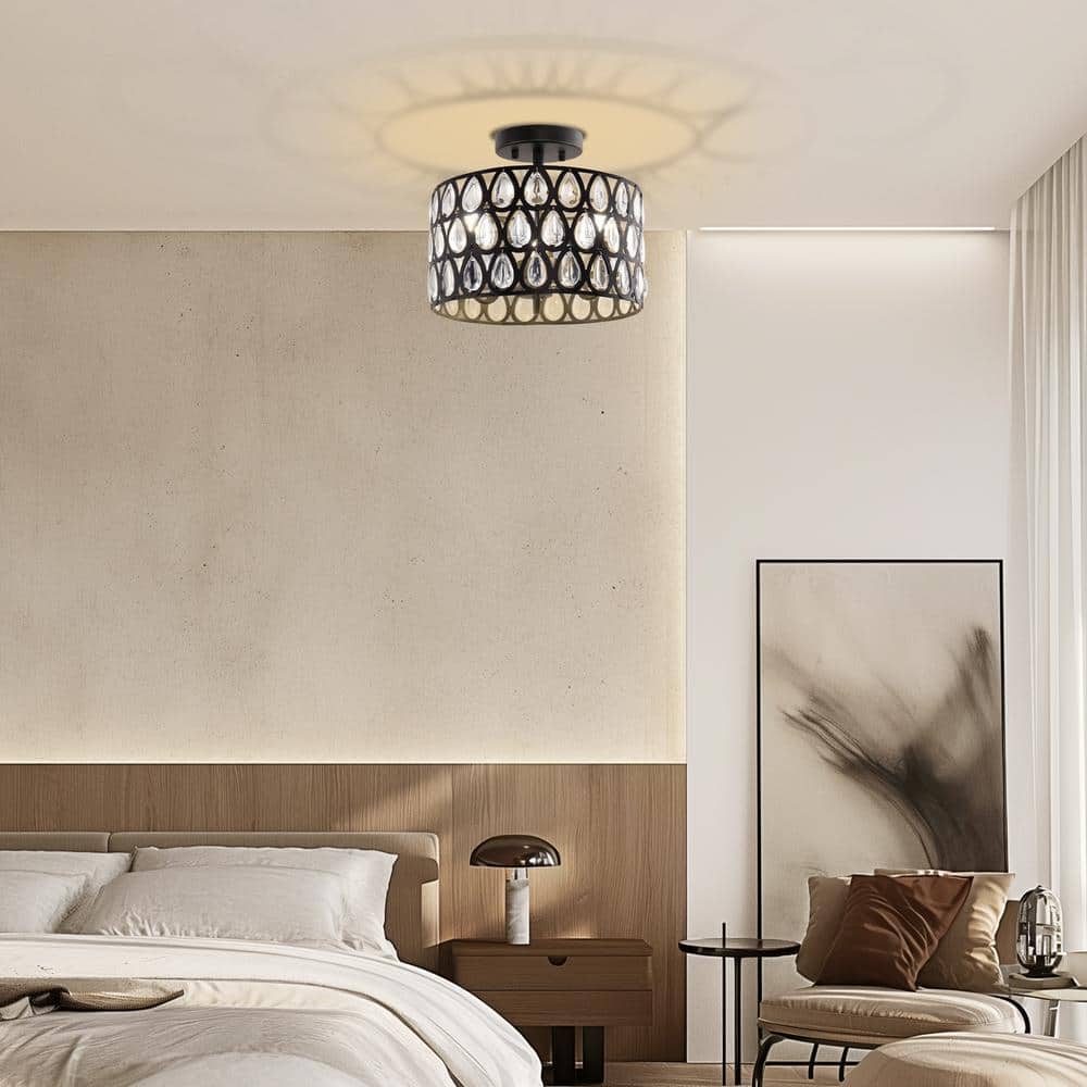 12 in. 3-Light Matte Black Semi-Flush Mount Ceiling Light with Teardrop Crystal Accents, E12 Base, No Bulbs Included - Hercitys
