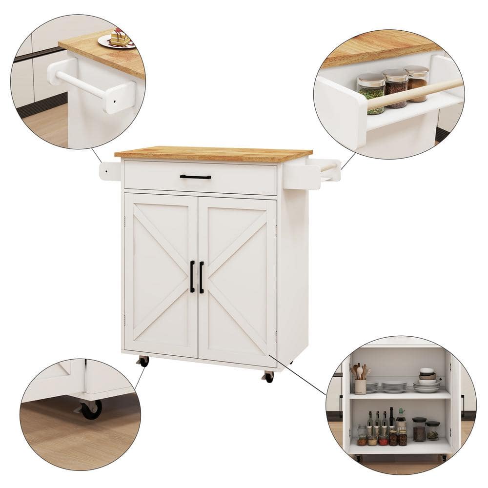37.99 In. White Wood Kitchen Cart with Adjustable Shelves and Towel Rack Rubber Wood Table Top - Hercitys