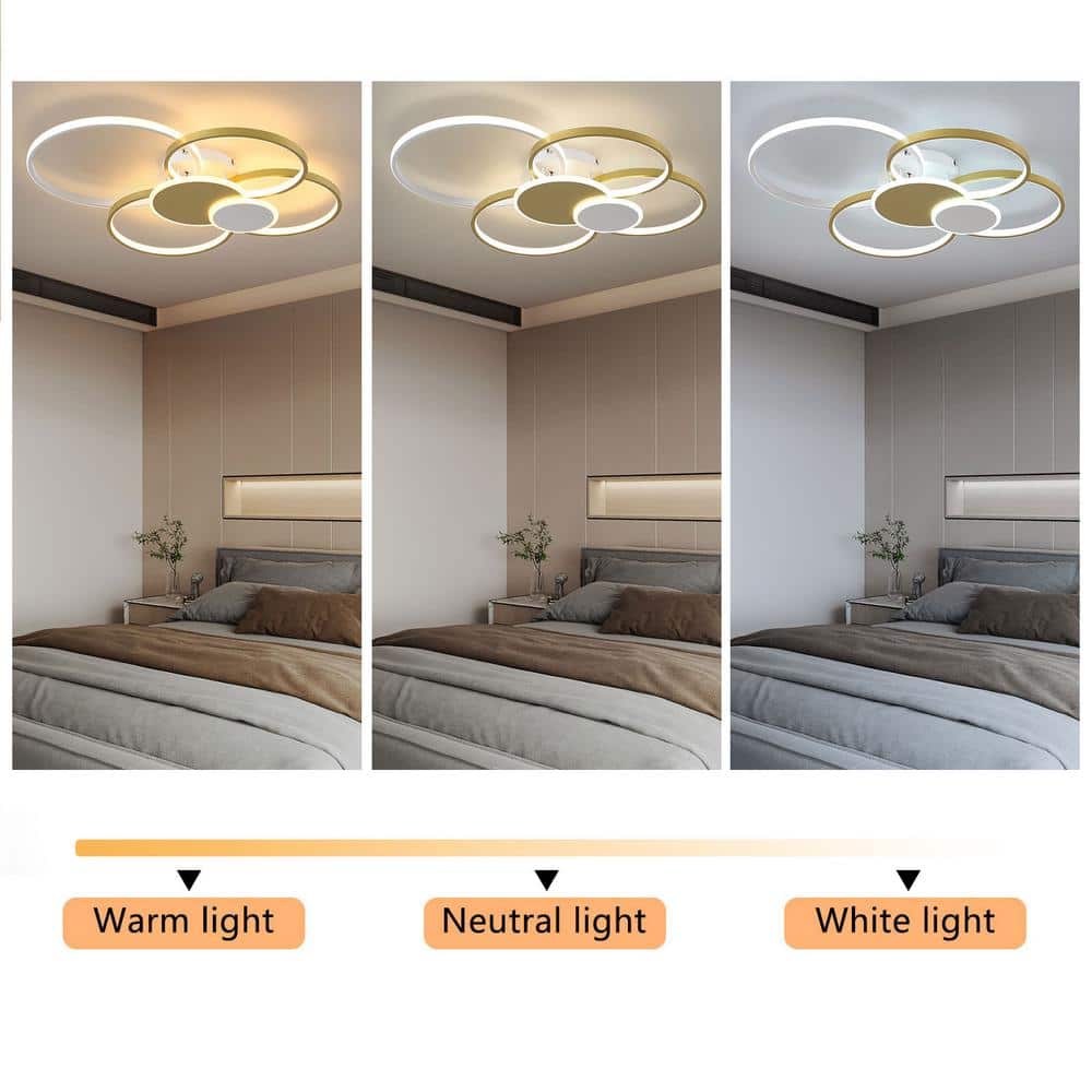 31.5 in. Gold Modern 6-Ring Flush Mount Dimmable LED Ceiling Light with Remote and Integrated LED Light Source Included - Hercitys