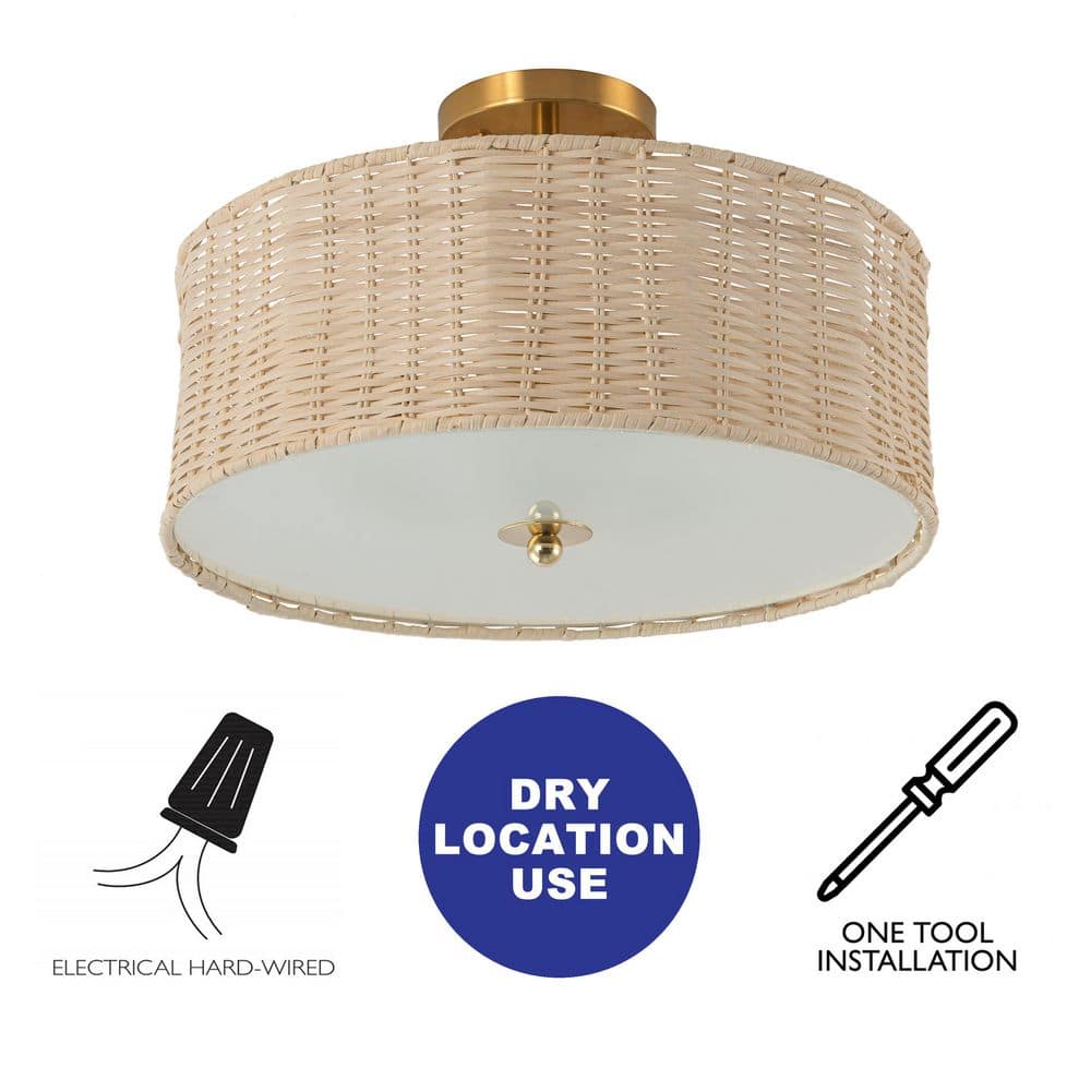 15.75 in. 3-Light Brass Woven Rattan Semi-Flush Mount Ceiling Light - Hercitys