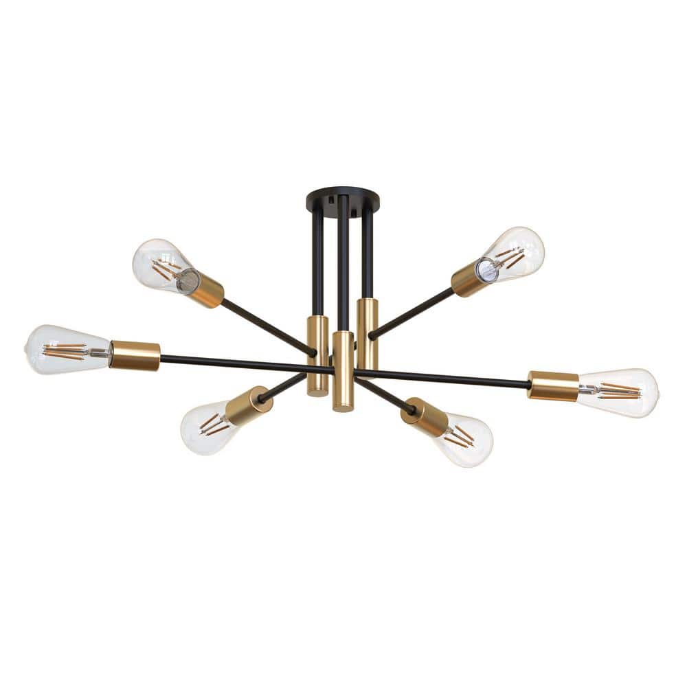 32.7 in. 6-Light Black Unique Modern Sputnik Semi-Flush Mount with Aged Brass Socket Cups - Hercitys