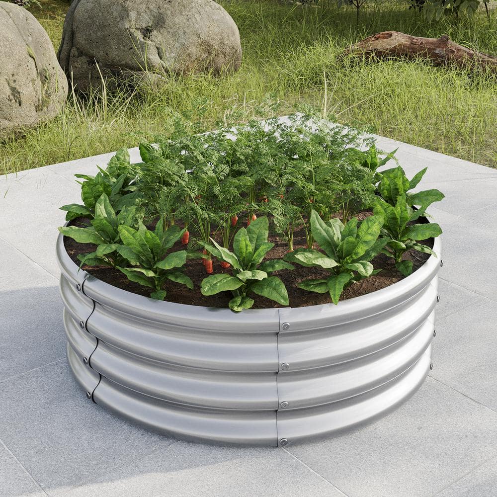 32 in. Metal Round Raised Garedn Bed for Vegetables Raised Planter Box Planter Raised Beds Flowers Herbs Fruit in Silver - Hercitys