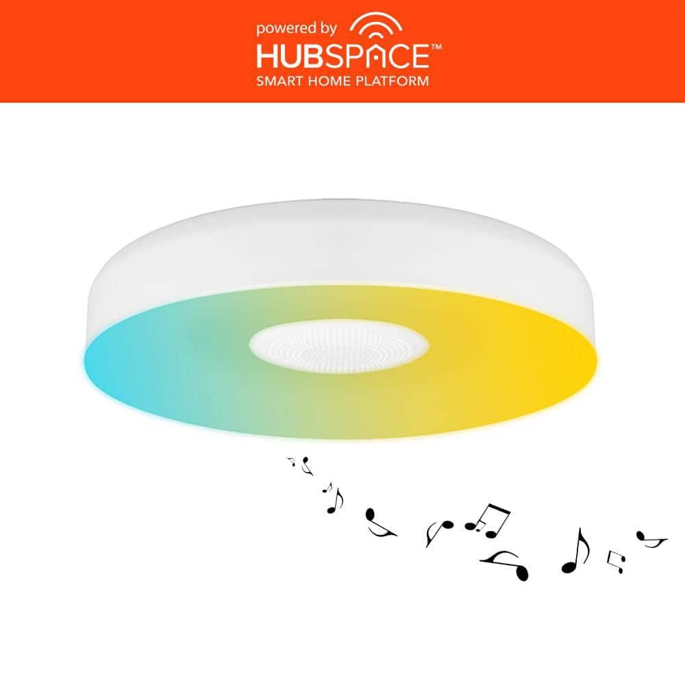 13 in. White Smart Gradient Light Flush Mount with Bluetooth Speaker Powered by Hubspace - Hercitys