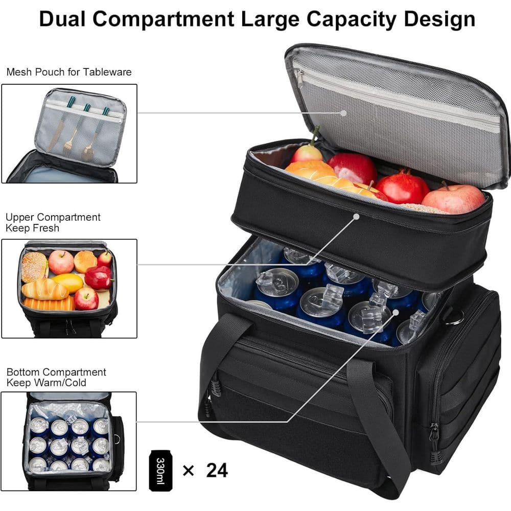 16 qt. Insulated Tactical Lunch Box for Men with Leakproof Cooler Bag, Expandable Large Capacity, Black - Hercitys