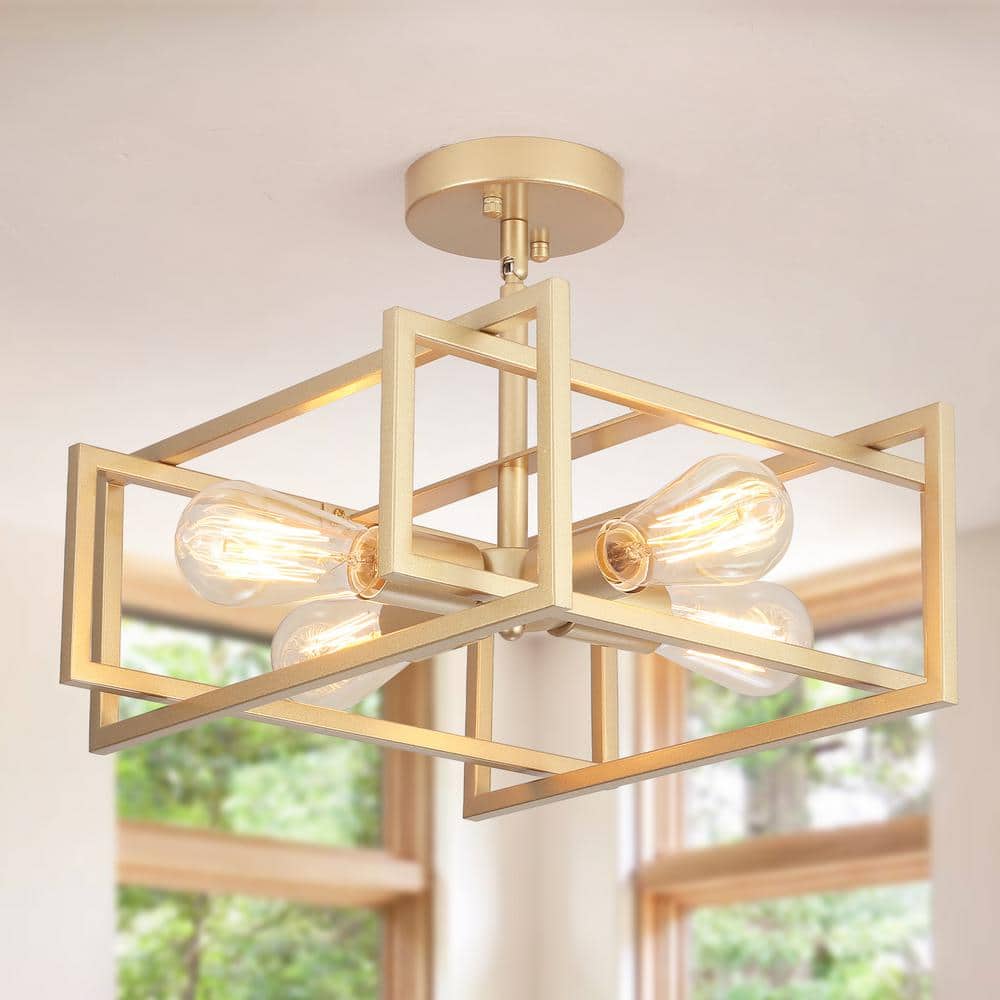 14.96 in. 4-Light Gold Farmhouse Square Frame Semi-Flush Mount Ceiling Light Fixture with Metal Shade - Hercitys