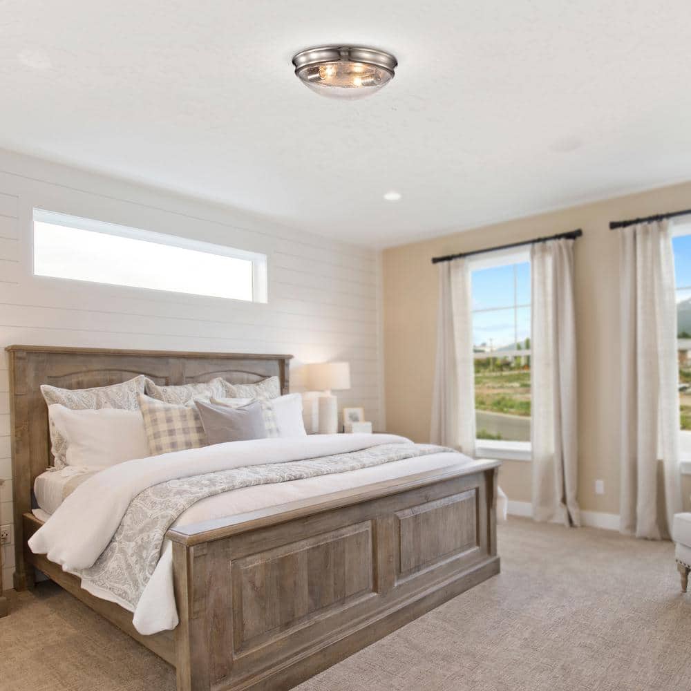 13 in. 2-Light Brushed Nickel Modern Flush Mount with Seeded Glass Shade - Hercitys