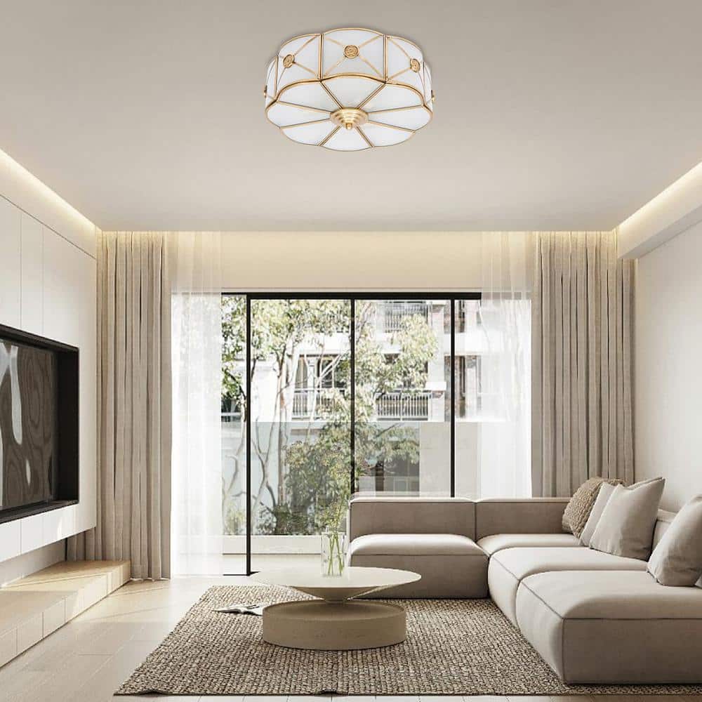 13.78 in. 3-Light Gold Modern Flower Shaped Flush Mount Ceiling Light with White Glass Shade and No Bulbs Included - Hercitys