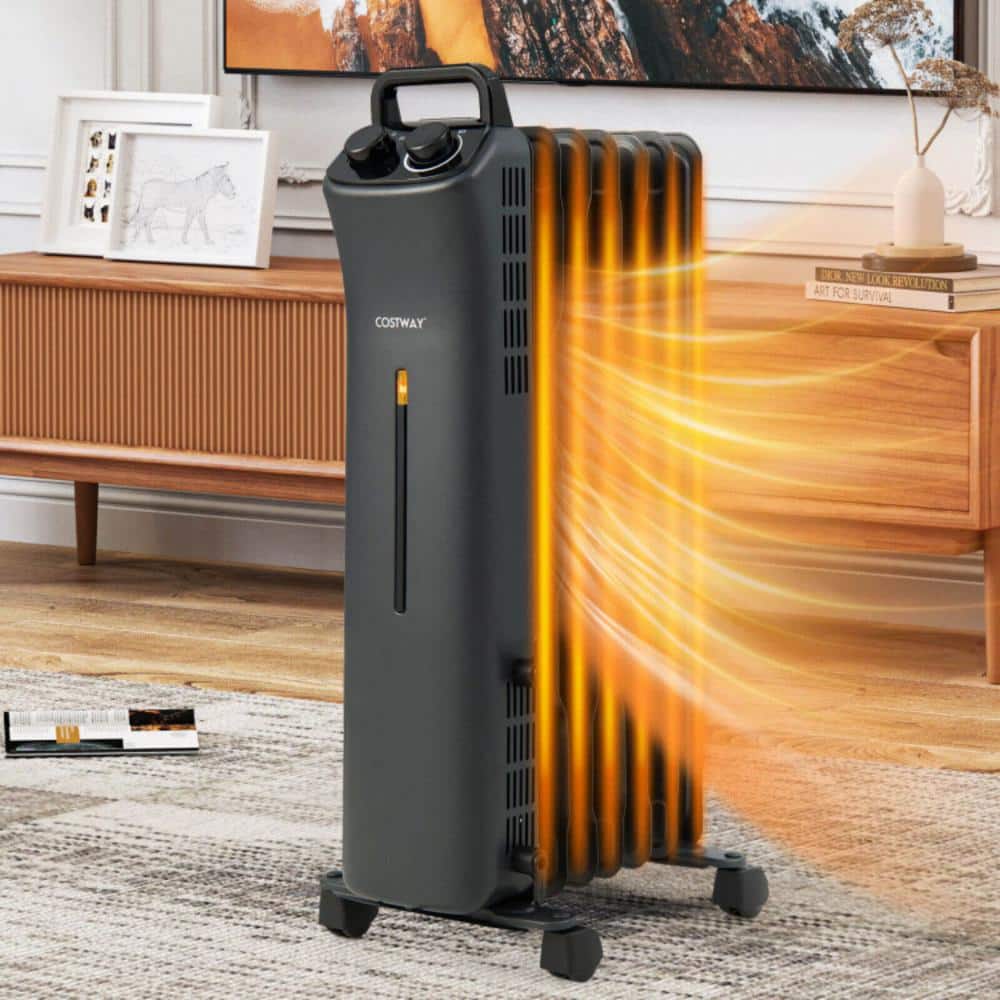 1500-Watt Black Electric Oil Filled Space Heater Radiant Space Heater with 3-Level Heat, Cord Hook, 4 Wheels and Handle - Hercitys
