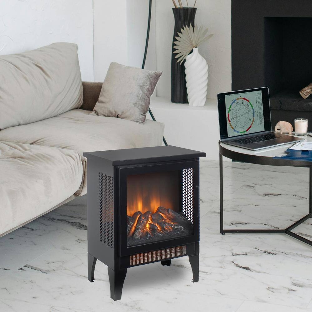 14.2 in. Freestanding Sheet Metal with Infrared Quartz Electric Fireplace with 3D Flame in Antique Black - Hercitys