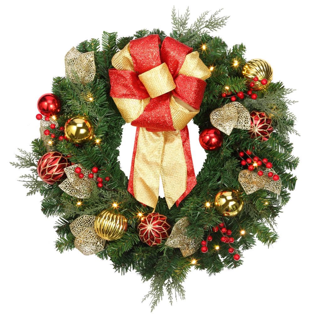 24 in. Green Pre-lit LED Madison Artificial Christmas Wreath with Bows, Berries, and Ornaments - Hercitys
