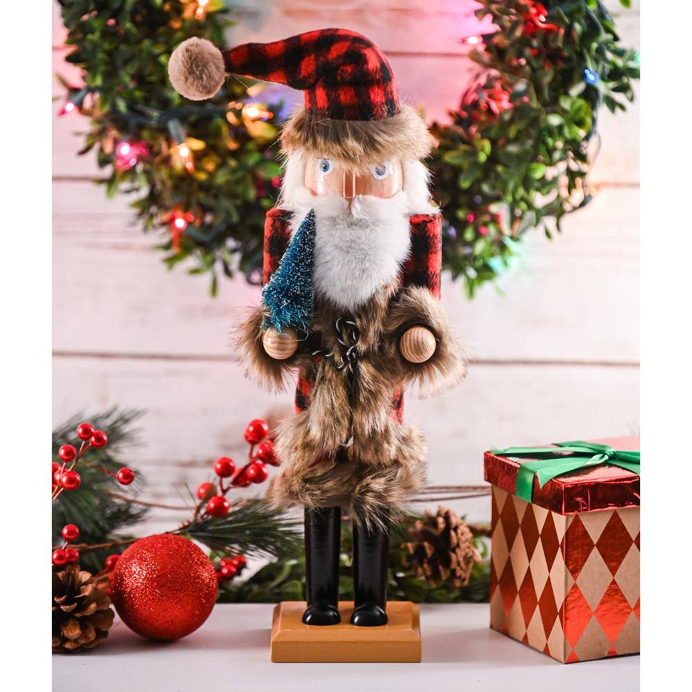 15 in. Wooden Nostalgic Santa Nutcracker-Red and Black Nutcracker with Plaid Coat and Brown Fur Holding a Xmas Tree - Hercitys