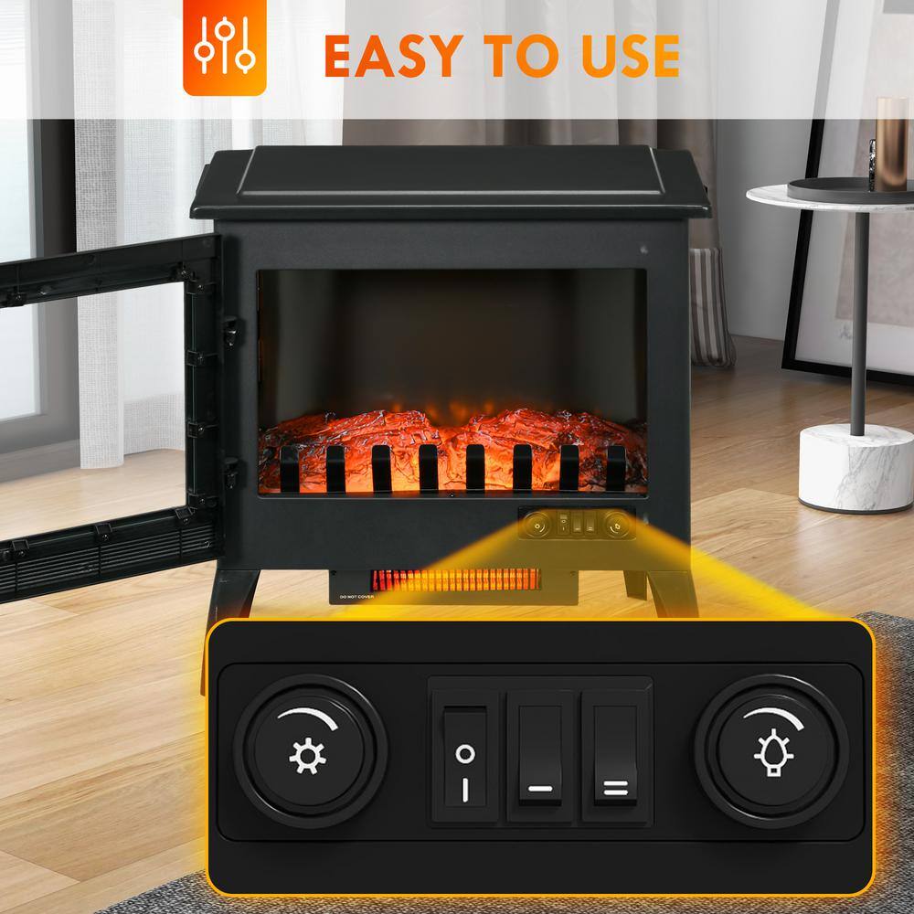 14 in. W Freestanding Infrared Fire Place Stove Heater with Realistic Logs Flame, Adjustable Temperature, Black - Hercitys