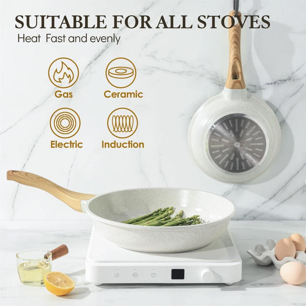 12.5 in. Cast Aluminum Nonstick Coating Frying Pan White Comfortable Grip Bakelite Handle Wood Grain Design - Hercitys