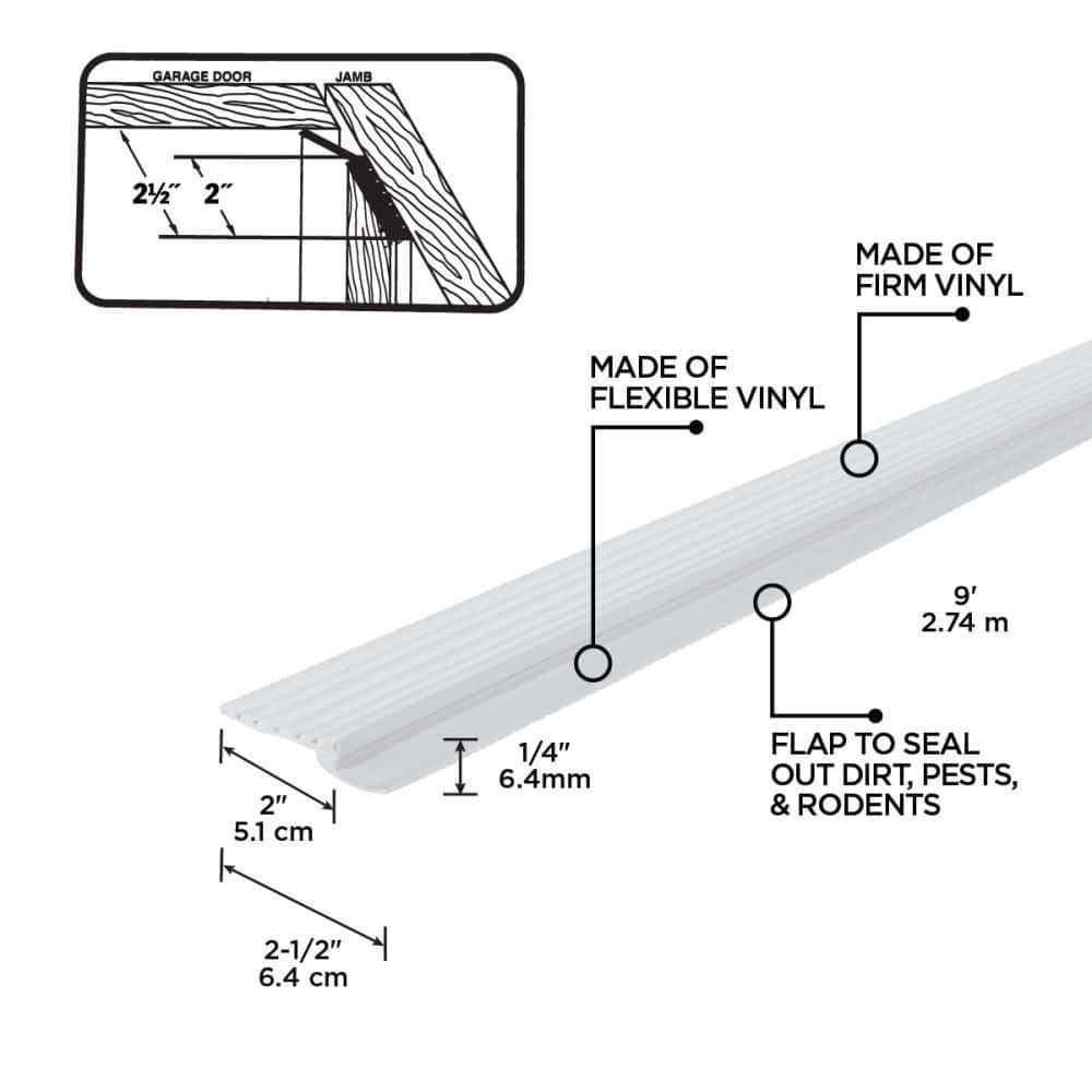 0.25 in. x 2.75 in. x 9 ft. V1046 White Dual Vinyl Garage Door Seal Top and Sides Weatherstrip - Hercitys
