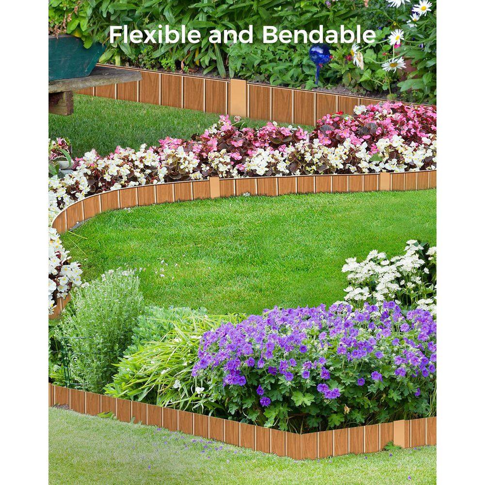 20 ft. x 5.5 in. Brown Wooden Texture Metal Landscape Edging No-Dig with 7-Clips and Gloves, 6-Pack - Hercitys